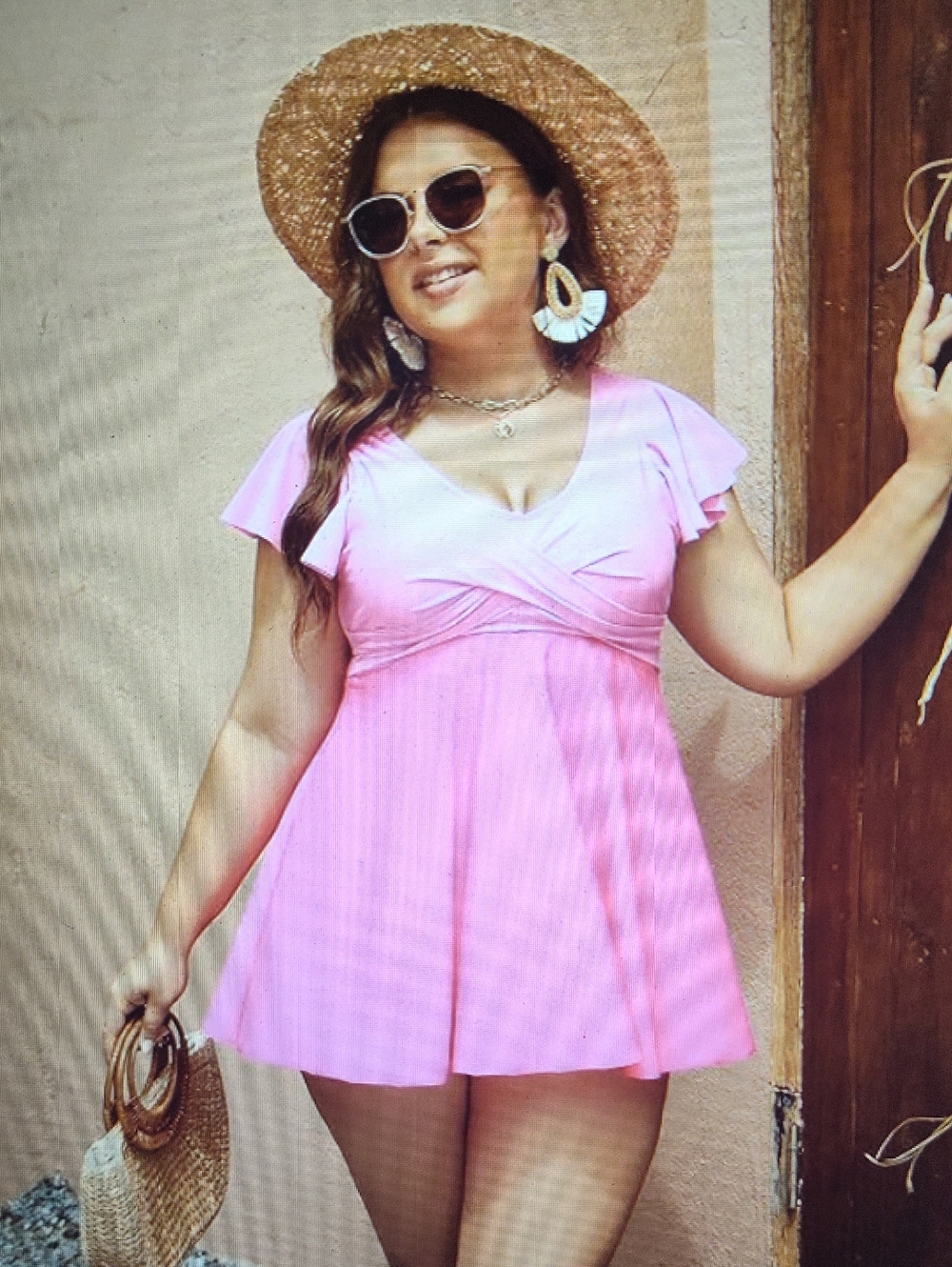 Edelaual Hot Pink Plus Size Tankini Swim Dress Tummy Control Bathing Suit